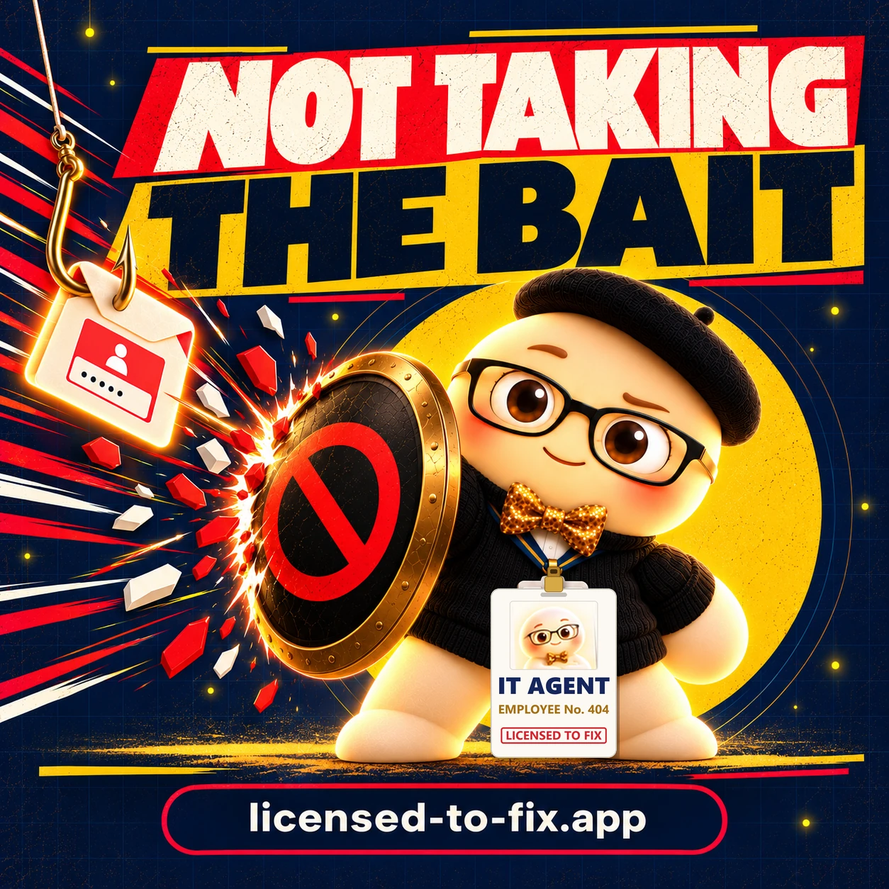 Agent 404 blocking a phishing email with a shield: Not taking the bait